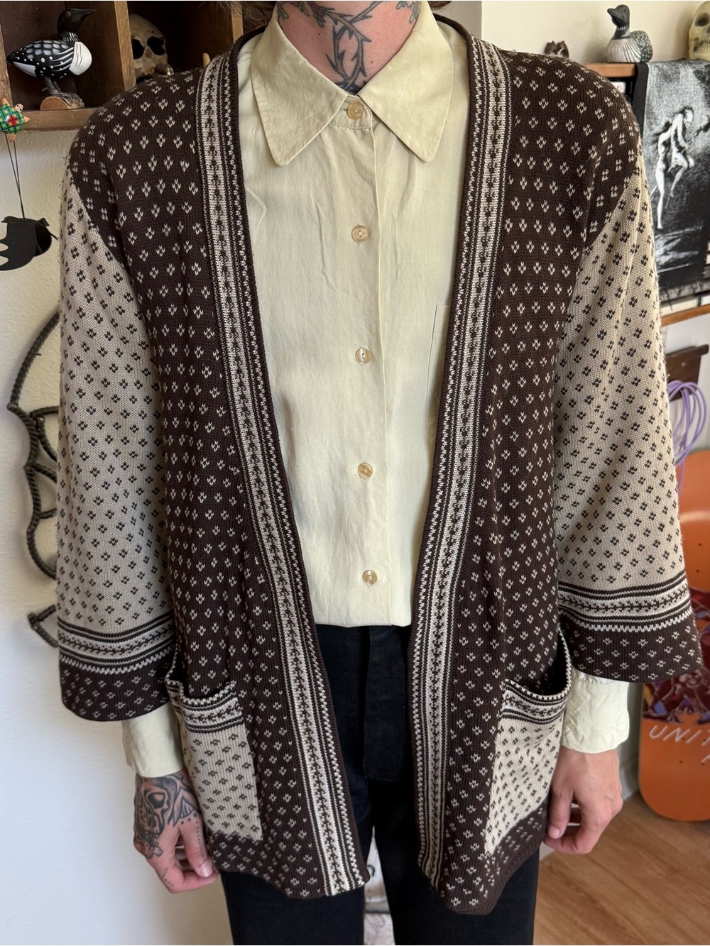 Vintage 70s Ornamental Geometric AOP Open Front Knit Cardigan Sweater ~ Size M